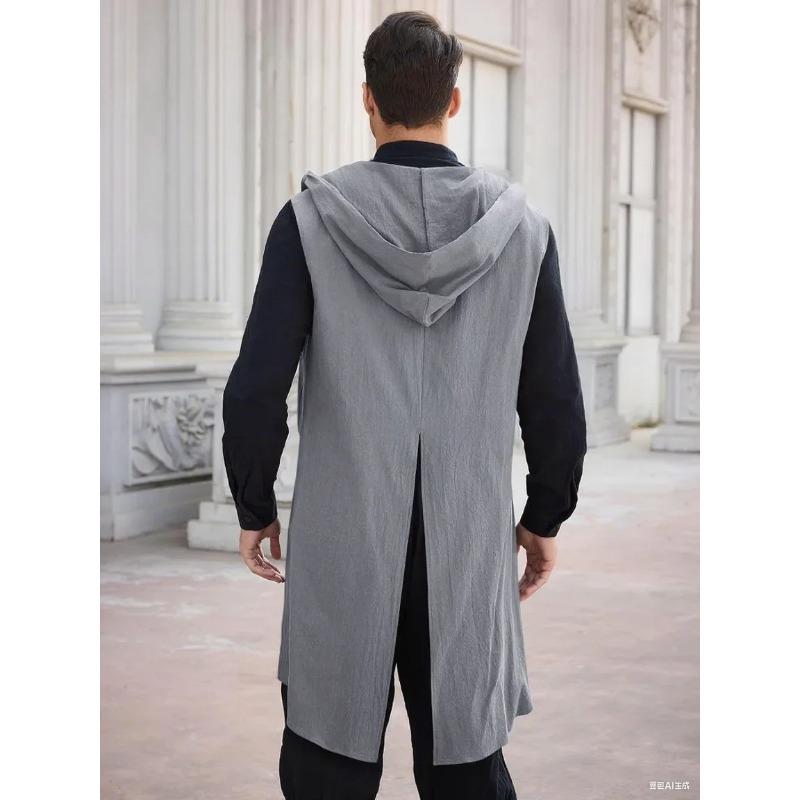 Men's Renaissance Ranger Costume Hooded Surcoat Medieval Knight Sleeveless Viking Holloween Cloak
