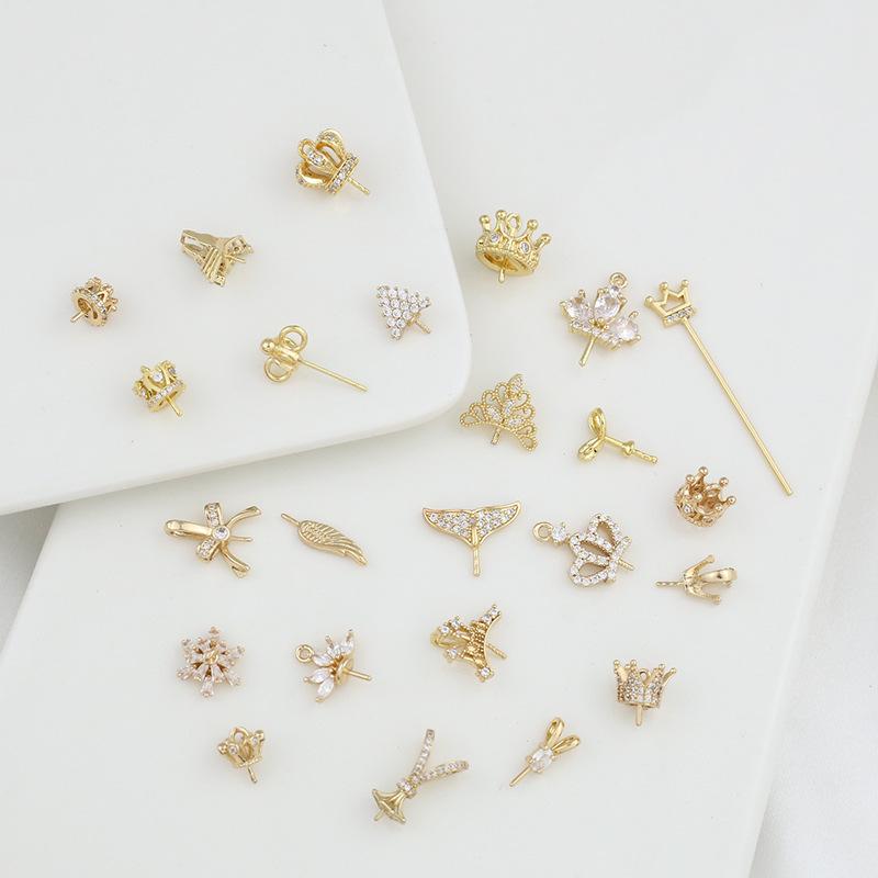 18k Copper Crown Mermaid Tail Earrings with Zircon, Small Wings, and Pearl Pendant