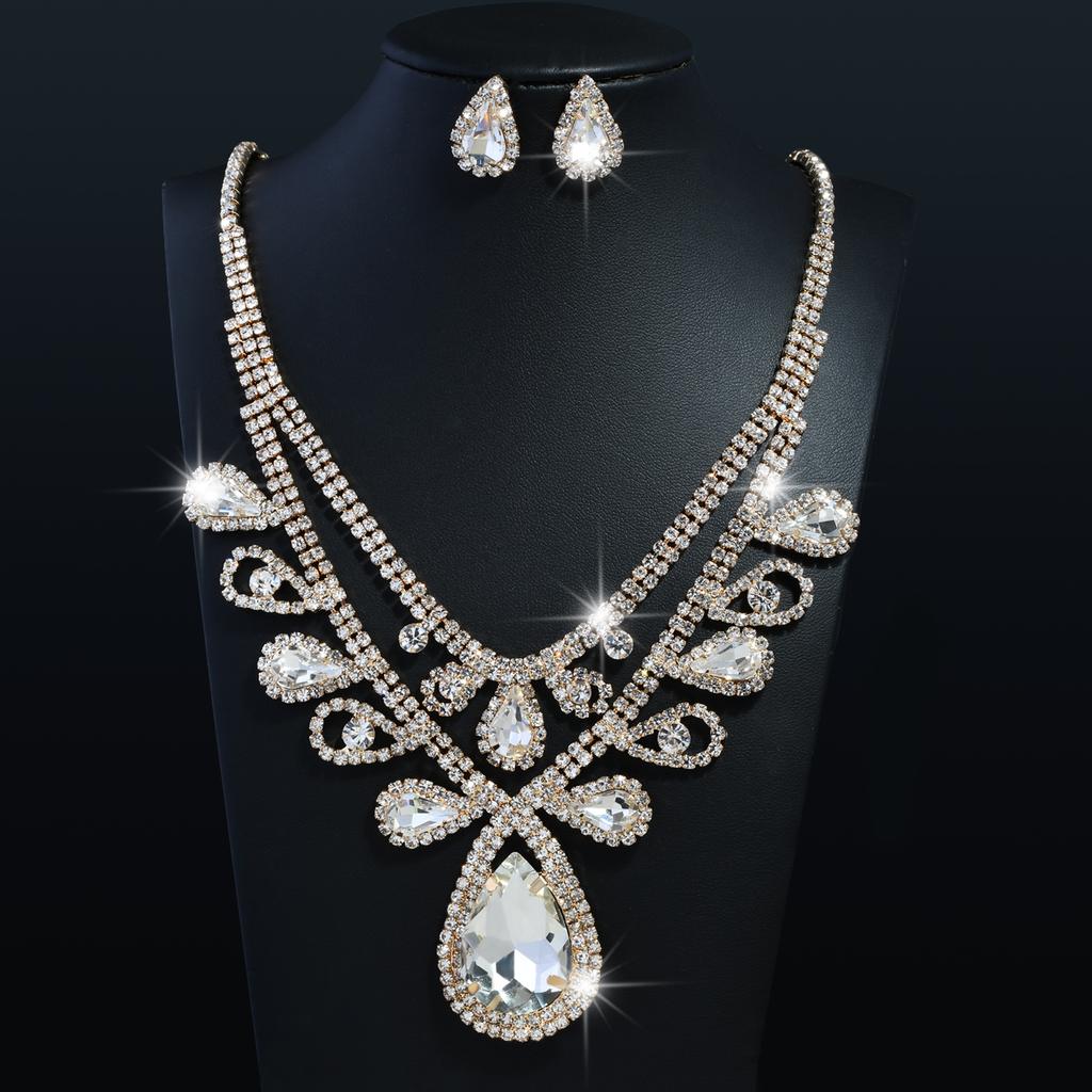 Fashion High-Grade Colourful Teardrop Female Bridal Crystal Full Diamond Necklace Earrings Two-Piece Set Exquisite