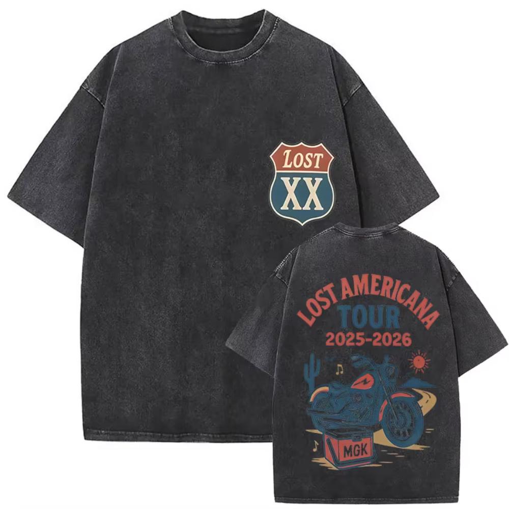 Vintage Washed MGK Lost Americana Tour Print Tshirts Men Women Harajuku High Quality Fashion Oversized Cotton T Shirt