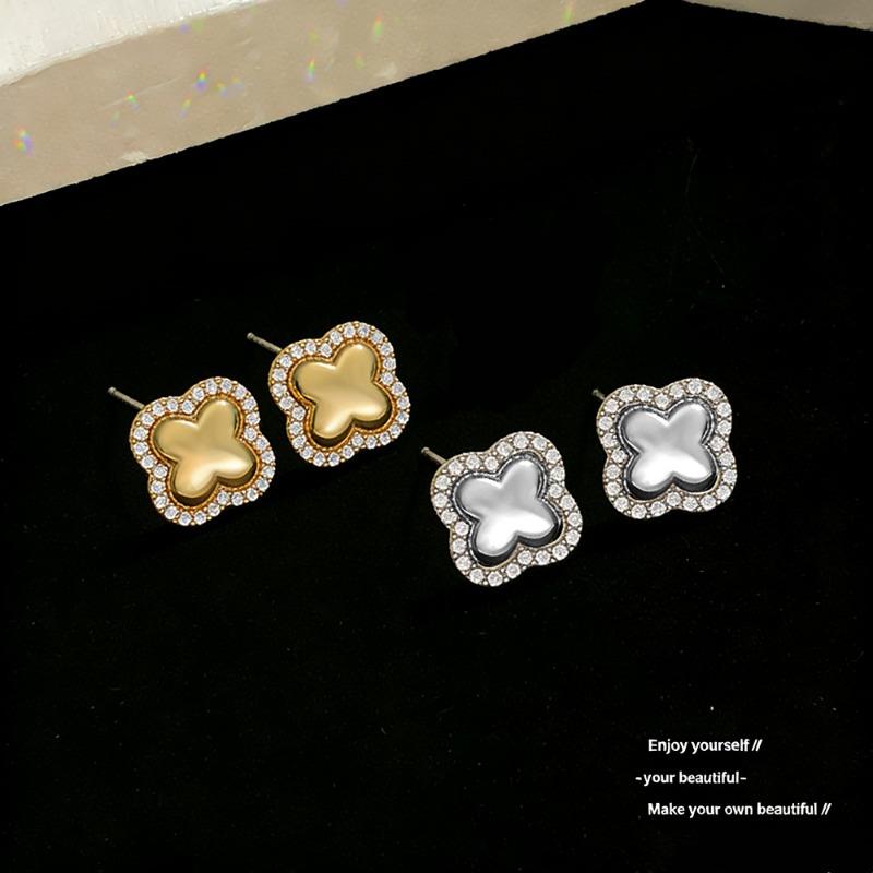 Womens Light Luxury Four Leaf Clover Inlaid Zircon Full Diamond Stud Earrings Jewelry