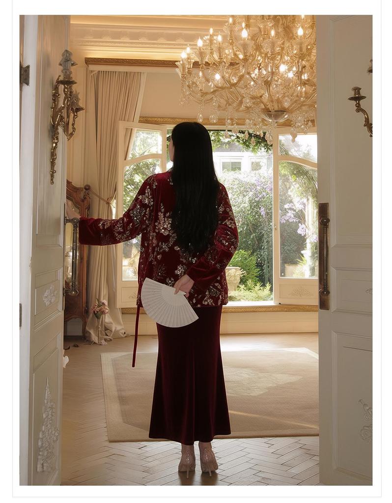 V-neck Embroidered Chinese Style Winter Down Jacket & Skirt Suit NY064