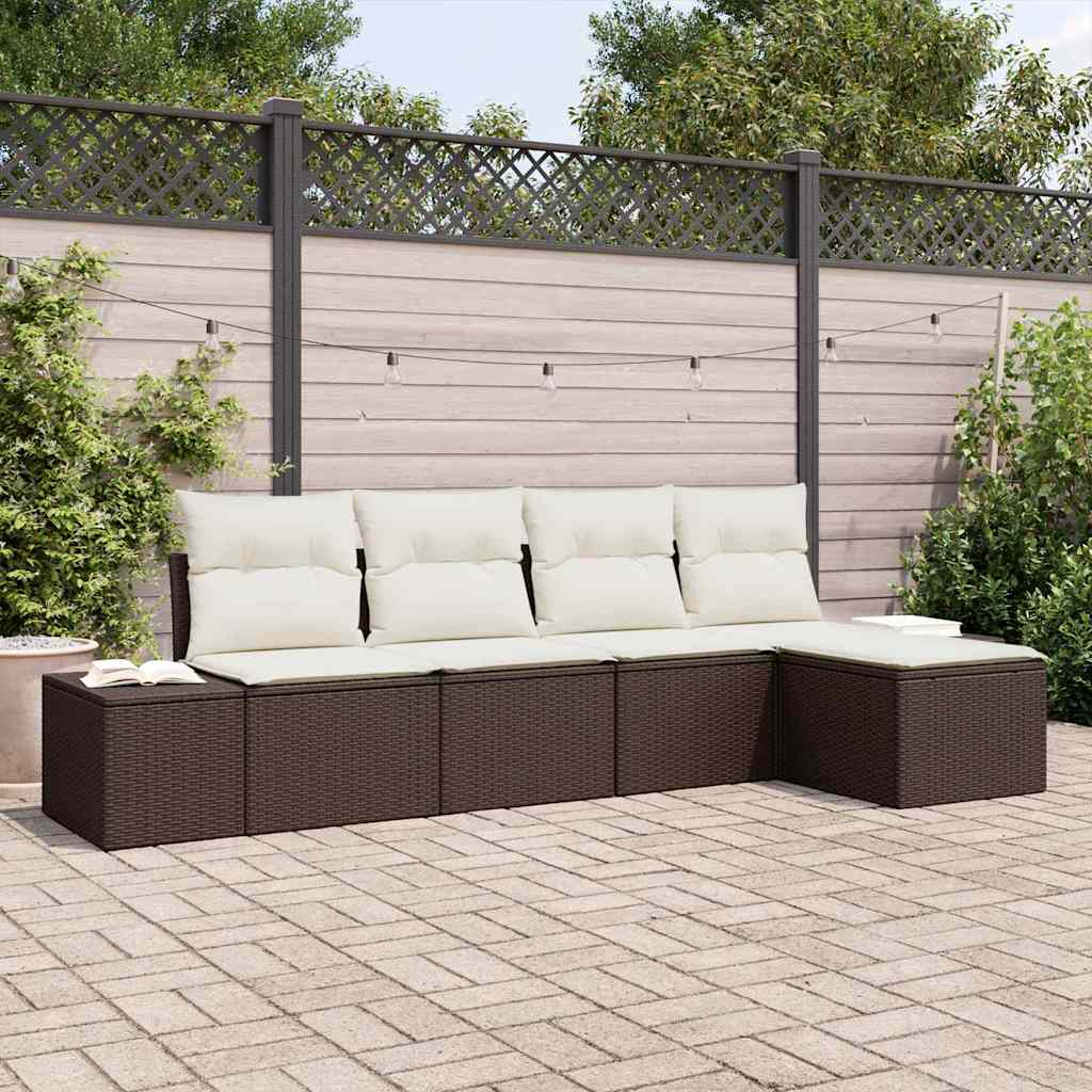 5 Piece Brown Poly Rattan Sofa Set with Cushions