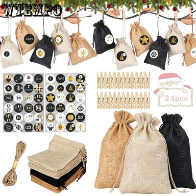 24 pcs Sac Calendrier de l'Avent de Noël Compte à Rebours Sac à Cordon 24 Sac en Lin Sac à Cordon Sac Calendrier de l'Avent Sac Cadeau Sac d'Emballage à Cordon