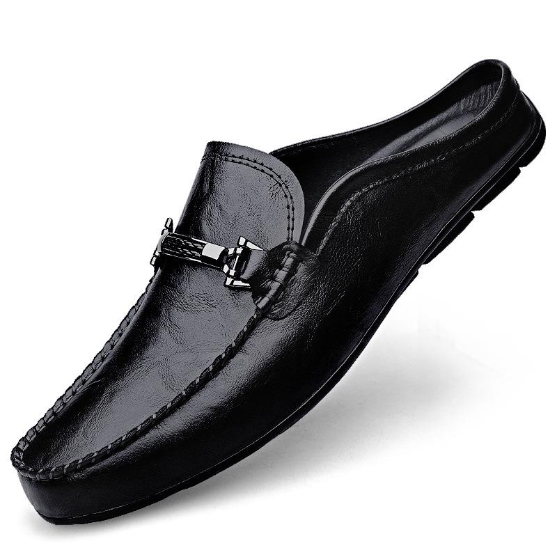 Men s Summer Large Size Leather Closed-Toe Backless Slippers 39