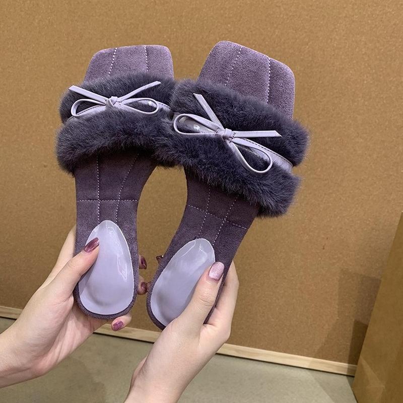 Fashion Autumn Design Furry Women Slippers Fashion Butterfly-knot Open Toe Shoes Ladies Comfort Slides Sandalias ·