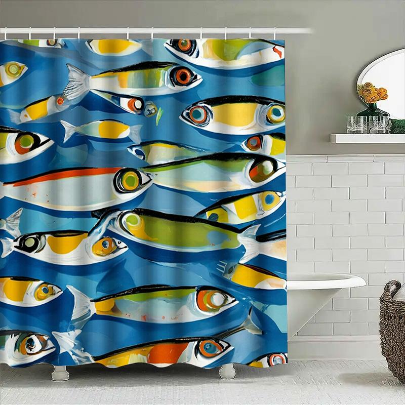 Bright Fish Print Shower Curtain Waterproof Fabric Home Decoration Wall Hanging Blue Green Yellow Decorative Bathrooms