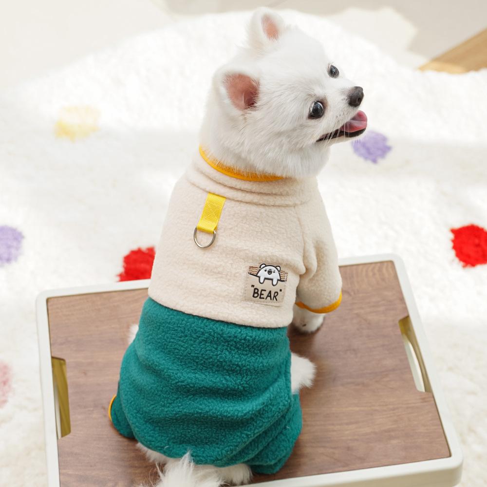Warm Dog Jumpsuit Stand Collar Cartoon Bear Pattern Dog Four Legged Pants  Fleece with D Ring Puppy  Coat