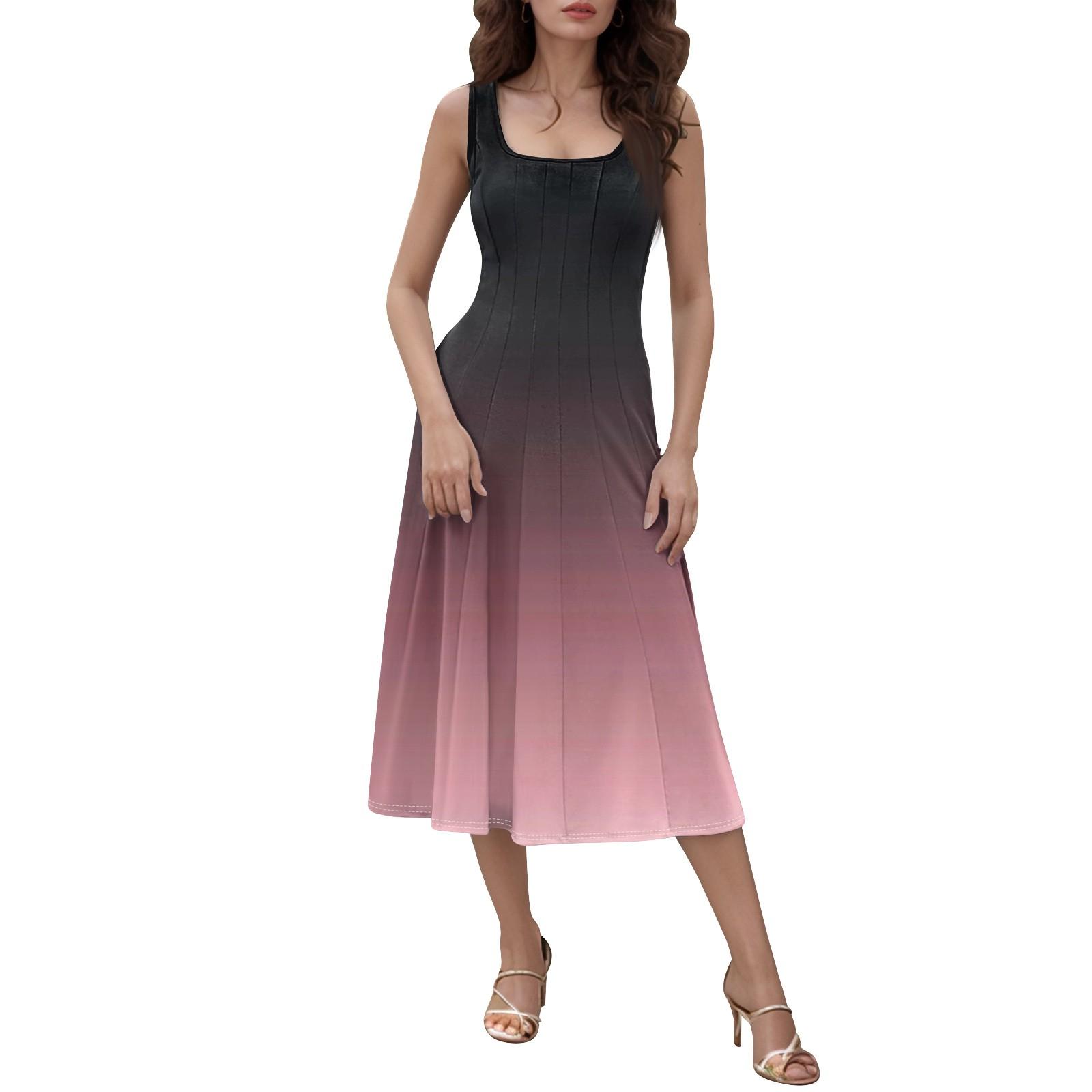 

Women s Casual Fashion Round Neck Sleeveless Solid Color Side Pocket Midi Dress XXL рожевий