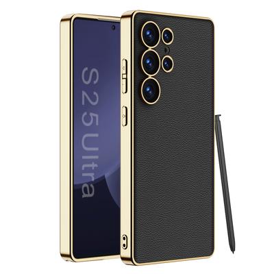 Luxury Plating Vegan Leather Phone Case For Samsung Galaxy S24 S25 Ultra Case TPU Soft Edge Anti-drop S25Ultra Protective Cover