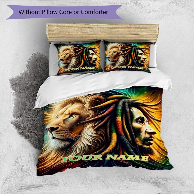 3PC Custom Name Lion Rasta Spirit Bedding Set Printed  Bedding Set Duvet Cover Closure Includes 1 Duvet Cover & 253 Pillowcases for Bedroom