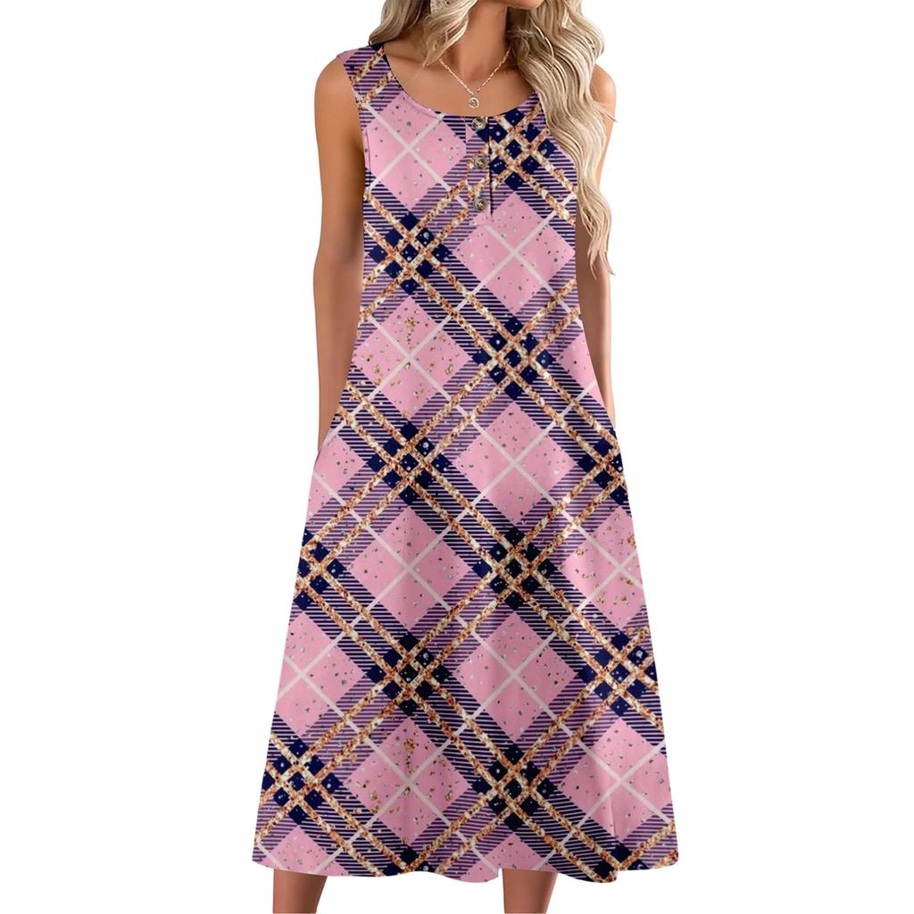 Women's Fashion Casual Sleeveless Button Plaid Print Dress with Pocket