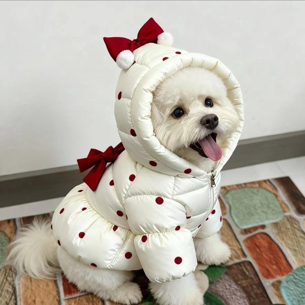 Soft Warm Material Pet Onesie Dress Cozy Fabric Red Bow Pet Clothes Full Body Coverage Zipper cotton-padded jacket Winter Season