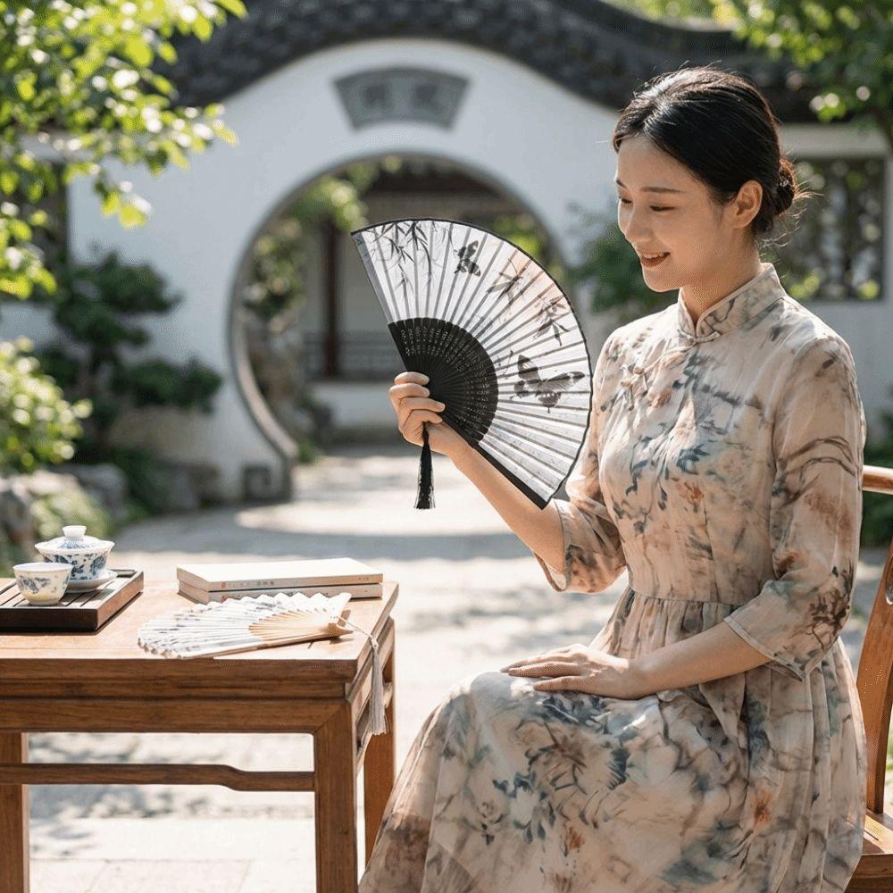 Antique Bamboo Folding Fan Ink Wash Painting Portable Fan Decorative Silk Hand Fan Hanfu Cheongsam
