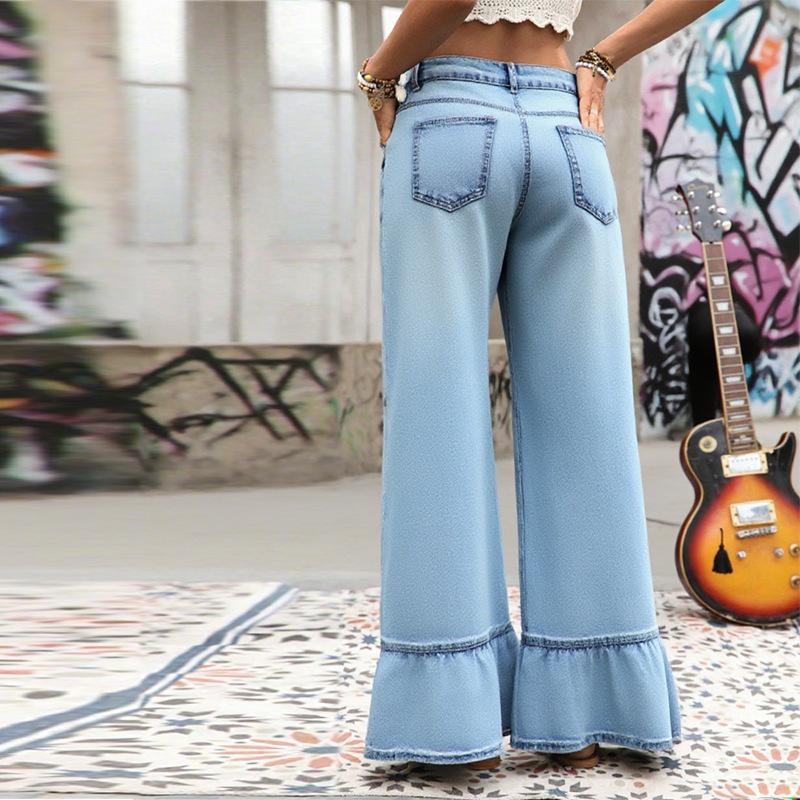 Y2K Style High Waist Wide Leg Ruffle Jeans for Women