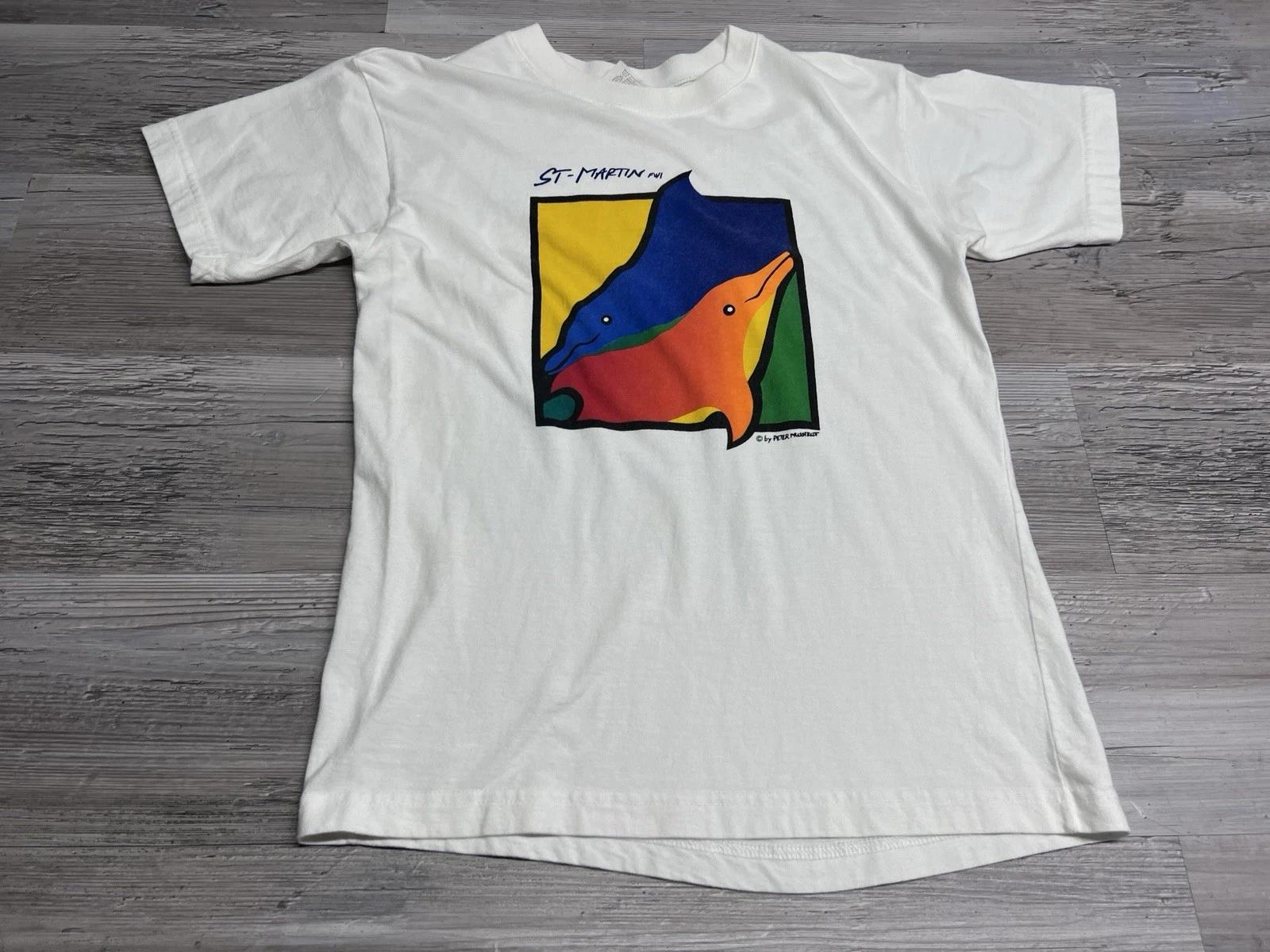 

Vintage St Martin Rainbow Dolphin Graphic T-Shirt Adult Size Small Y2K Beach Tee 4XL