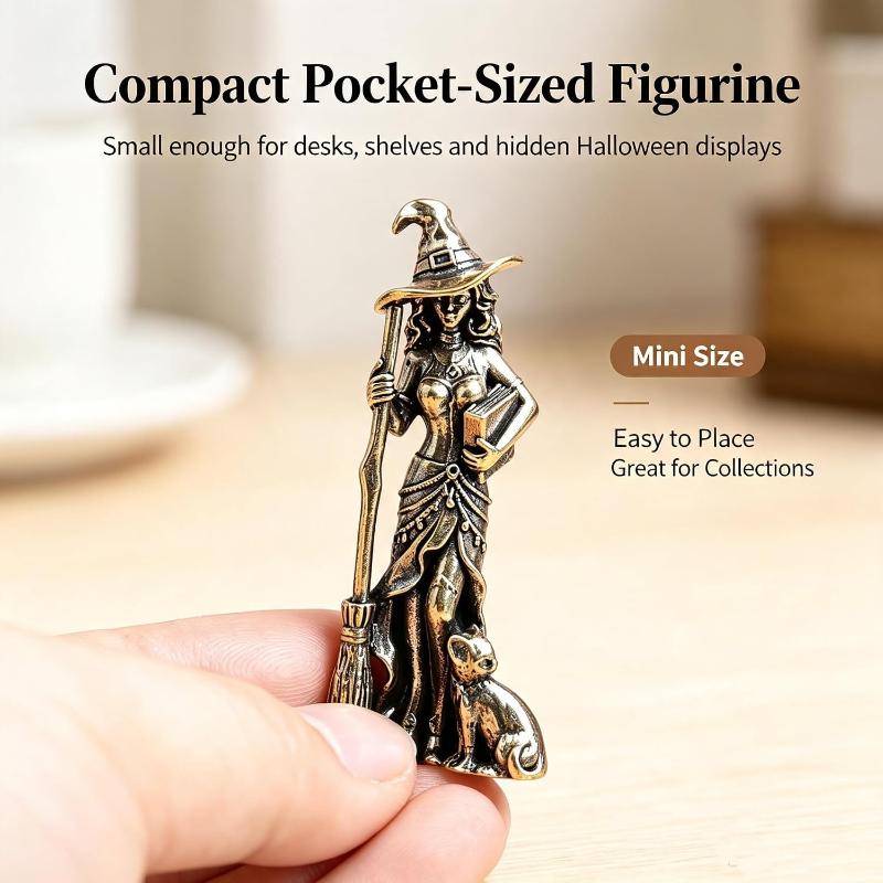 Brass Magic Witch Miniature Statue Retro Collectible Figurine Creative Desktop Ornament for Theme Party Home Decor Gift