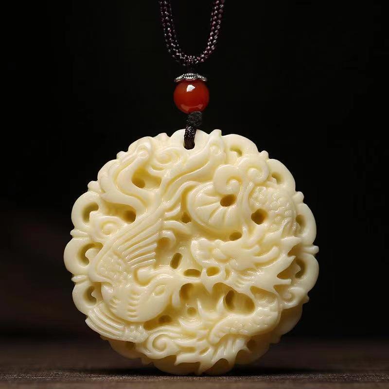 Dragon and Phoenix Ivory Nut Pendant Necklace - Versatile and Auspicious Valentine's Day Gift for Couples
