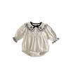 Baby Girl Fall Long Sleeve Romper with Floral Embroidery and Peter Pan Collar