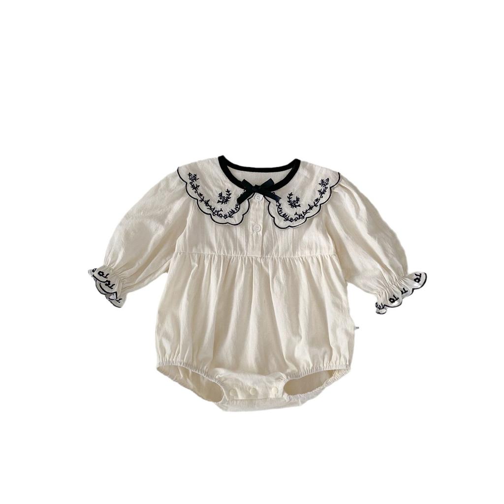 Baby Girl Fall Long Sleeve Romper with Floral Embroidery and Peter Pan Collar