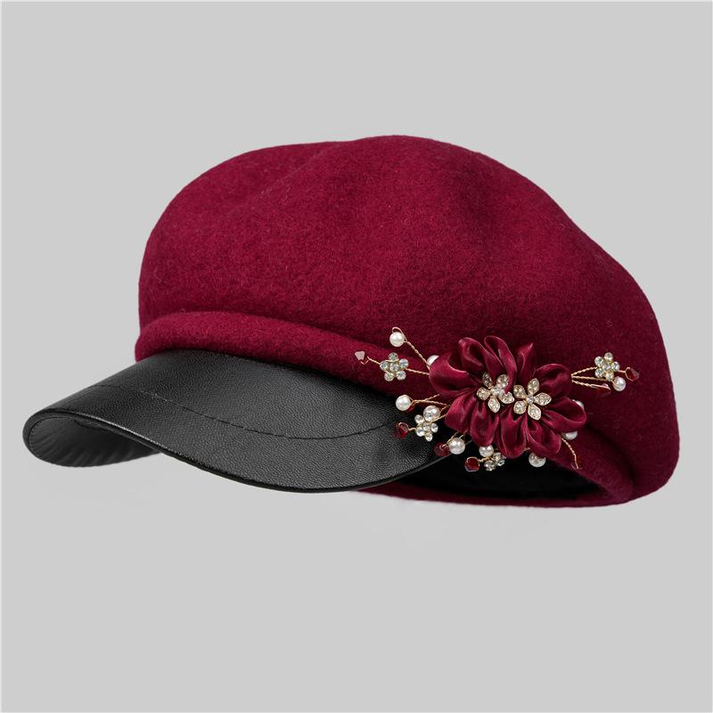 

Шерстяная женская осенне-зимняя шляпа Легкая роскошная универсальная восьмиугольная беретка с цветком Модная кепка-утка Шляпа газетчика M（56-58cm）