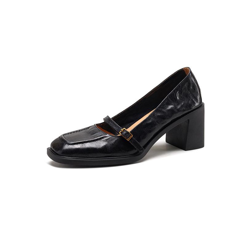 

[Spot] Mute heel small leather shoes women s brown retro high heels 2025 new commuter thick heel single shoes 34