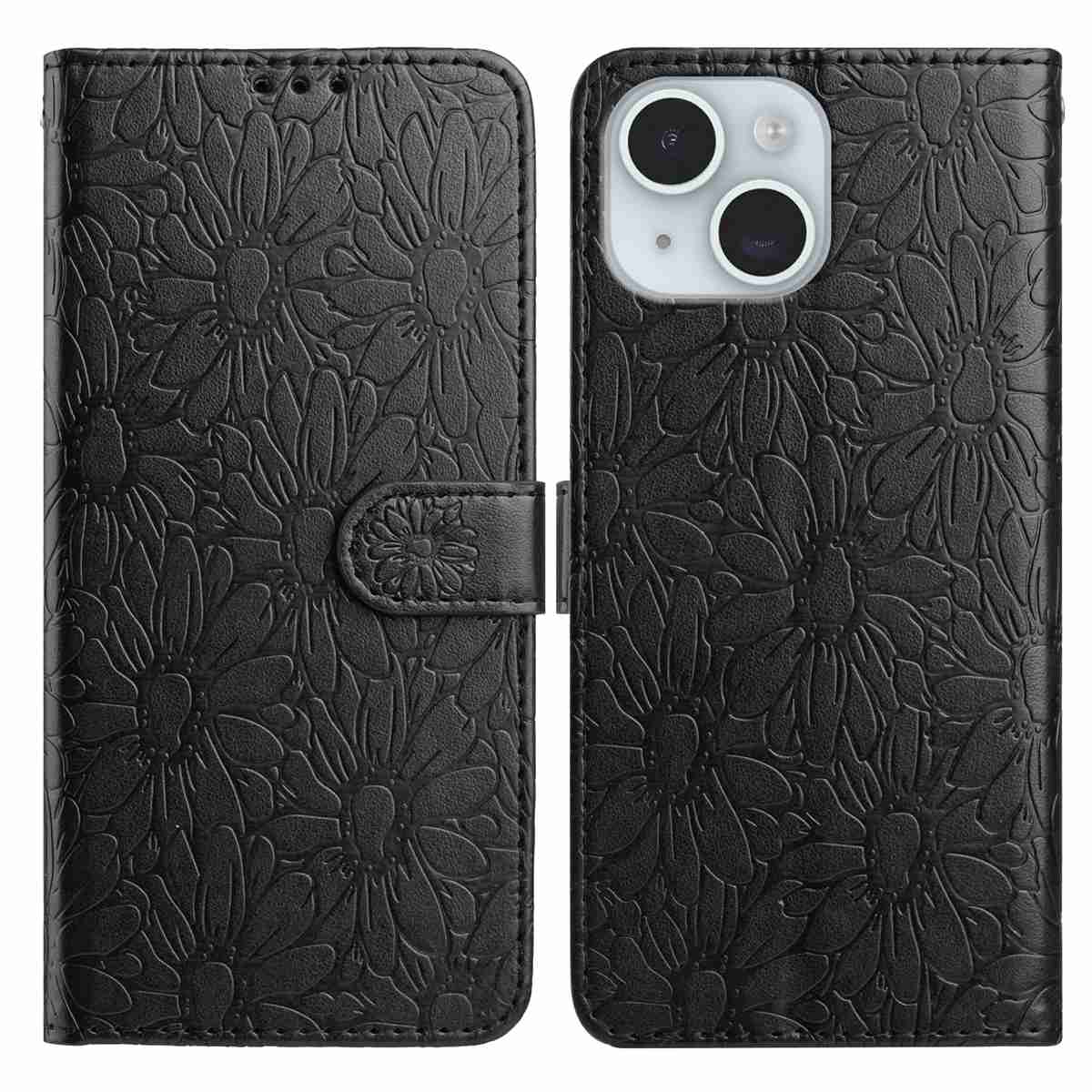 

For iPhone 15 Leather Case Daisy Imprint Wallet Stand Phone Protective Cover Black