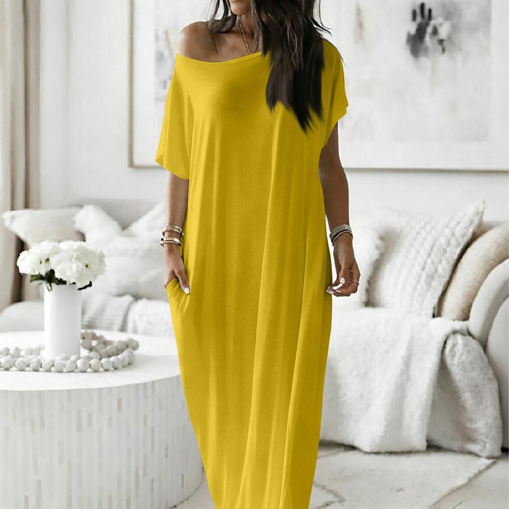 Women's Fashion Color Short-Sleeved Long Casual Dres