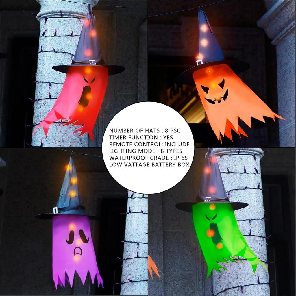 Glowing Outdoor Witch Hat LED Luminous Tree Hanging Ornament Kids Party Decor Halloween Wizard Hat Magic Prop Solution