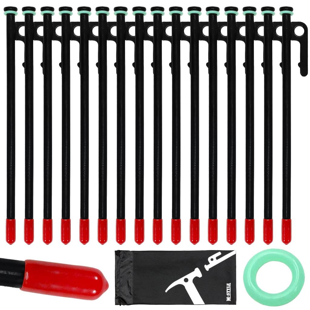 M-STYLE Pegs 25cm Set of 16 Strong Steel Pegs Camping Tent Tarp Construction Laser Welding Wire Drawing Rustproof Paint Safety Cap with Fluorescent