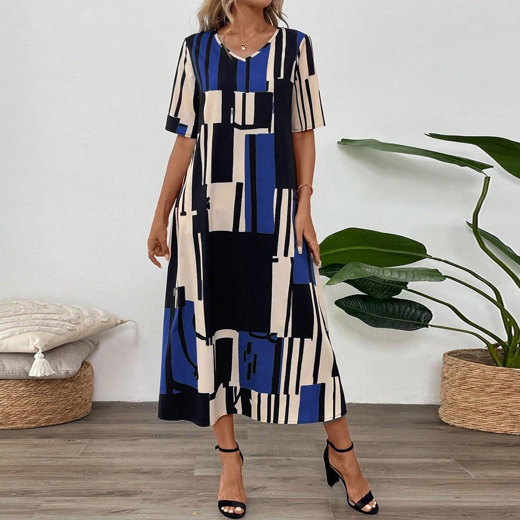 Women's Dresses Casual Printed V-Neck Short Sleeve Loose Long Dresses