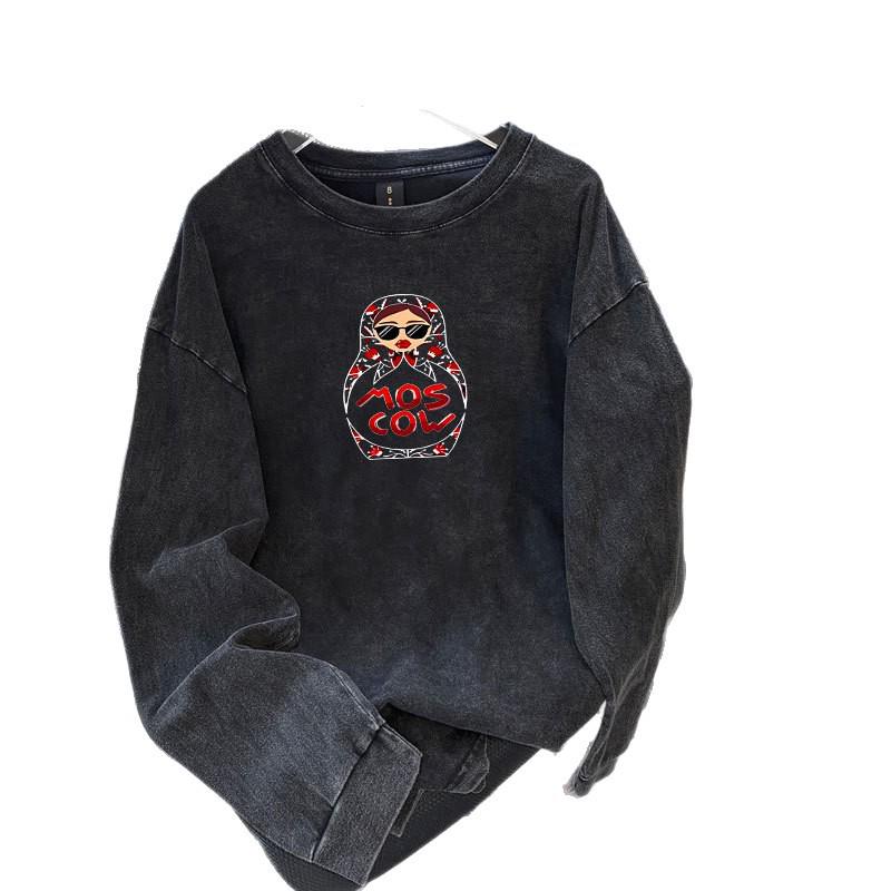 European & American Style Loose Mid-Length Pure Cotton Printed Long-Sleeve Women's T-shirt