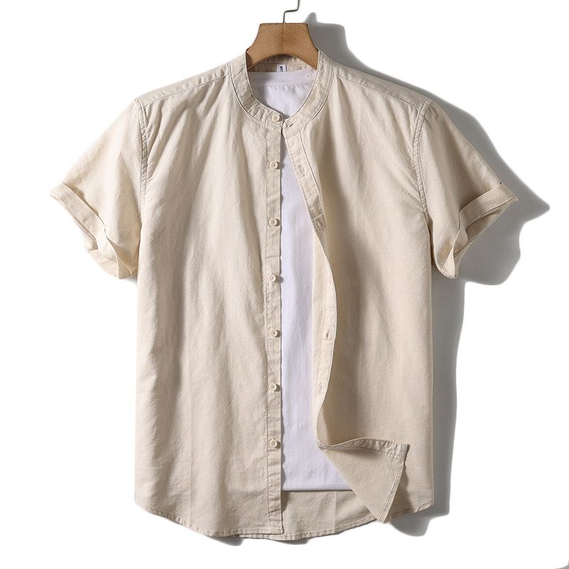 Retro Stand Collar Short Sleeve Thin Export Men s Linen Khaki 3XL