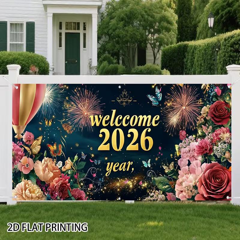 

2D Welcome 2026 Studio Backdrop with Vibrant Flowers, Butterflies and Fireworks 47.2x31.5inch/120*80cm