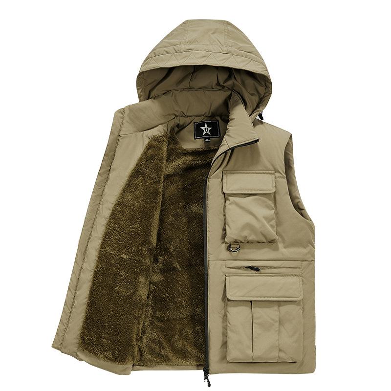 Herrplyschig tjock bomullsväst med flera fickor, arbetskläder, varm västjacka, bomullsjacka i plusstorlek för män