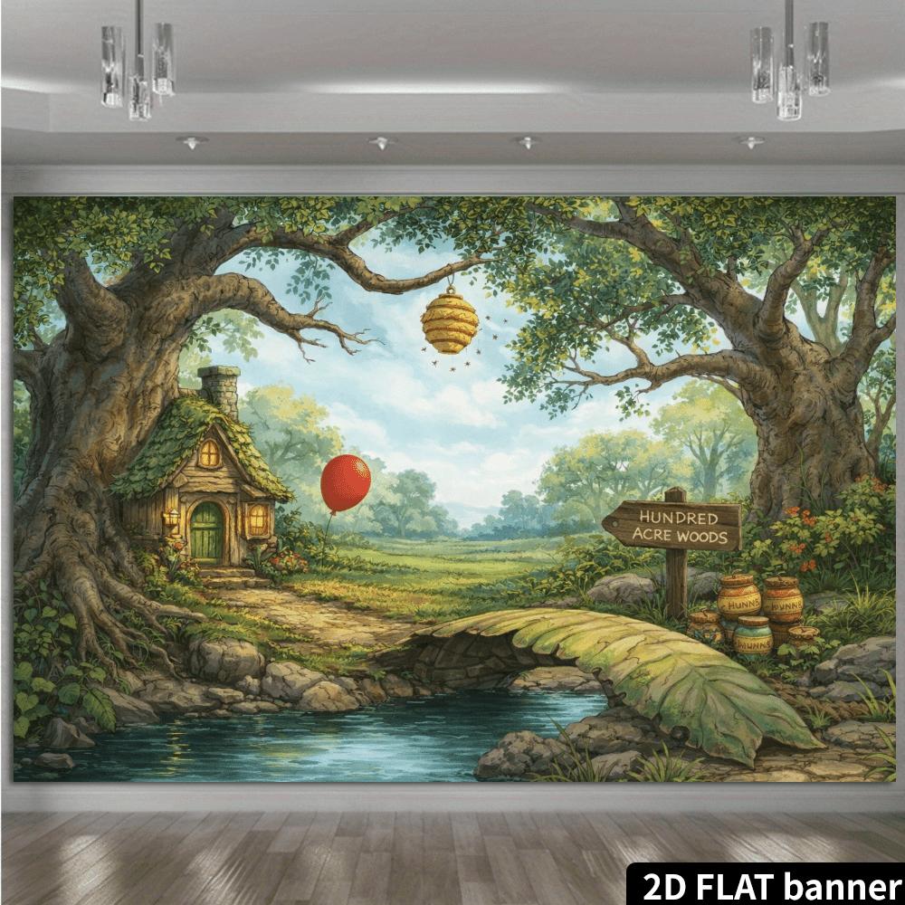 2D plane 100-acre forest treehouse honey jar themed background fabric, fairy tale scene, interior and exterior decoration