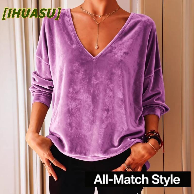 IHUASU Camicette e camicie da donna con scollo a V, maniche lunghe, stampa tinta unita casual alla moda