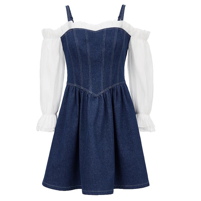 

VEROMODA Women s Denim Chiffon Patchwork A-Line Dress L