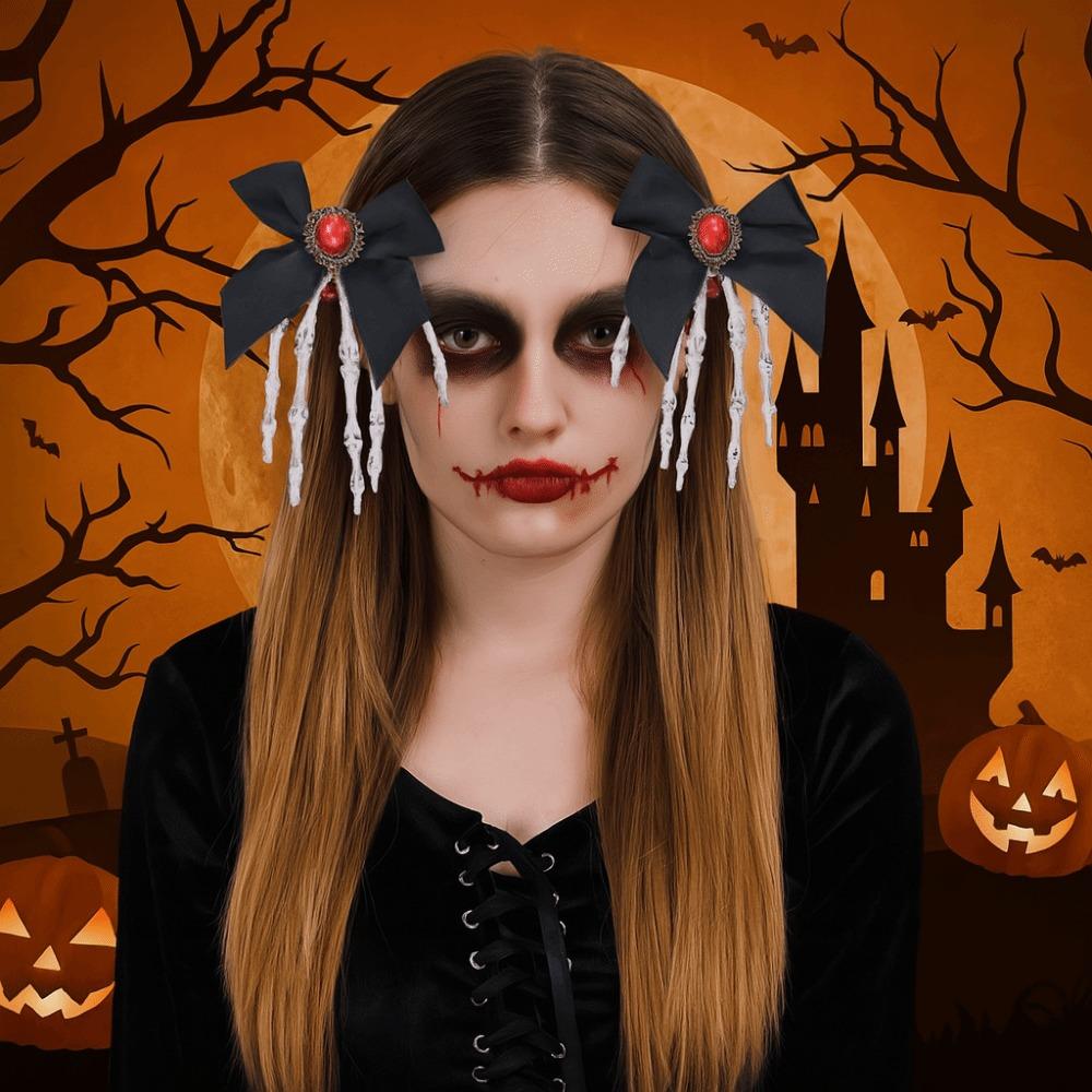 Gothic Skeleton Hand Hairpin Bowknot Halloween Headwear Punk Ghost Claw Hair Clip  Girls
