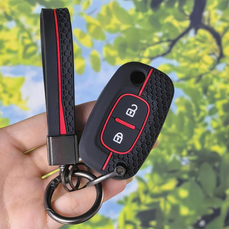 Sport Red Stripe Silicone Flip Key Case With Keychain, Rubber Protector For Renault Clio Megane Modus Kangoo Lada 2017 Car Key