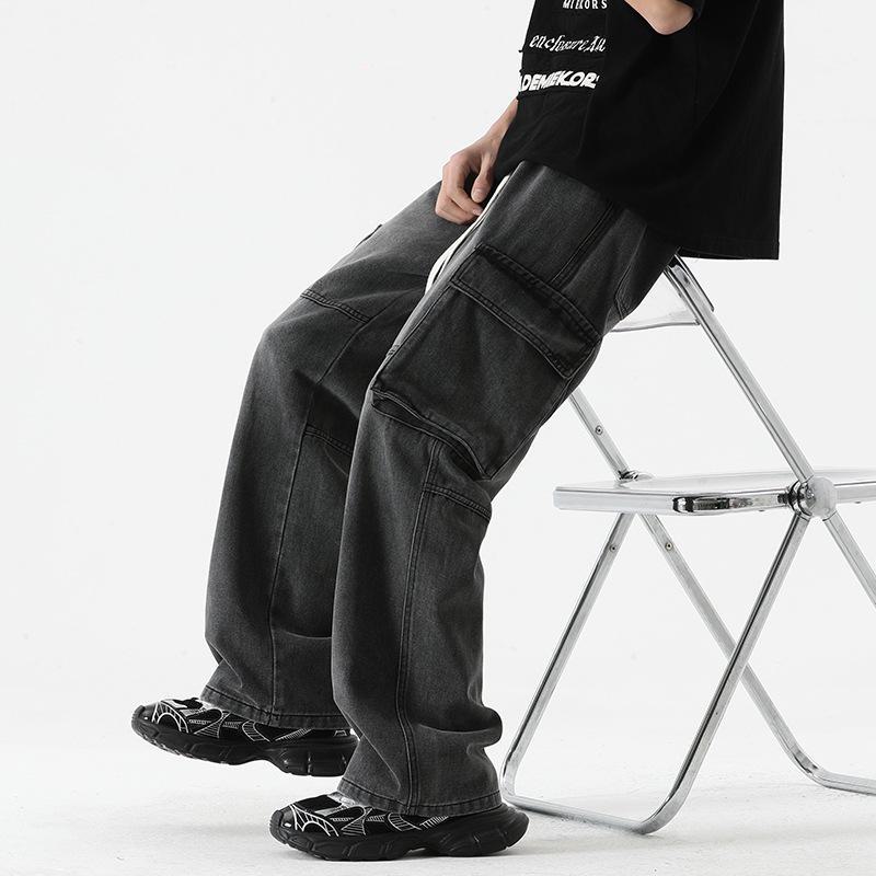 LKTM Men's Japanese Retro Multi-Pocket Workwear Jeans - Loose Straight Wide-Leg Pants
