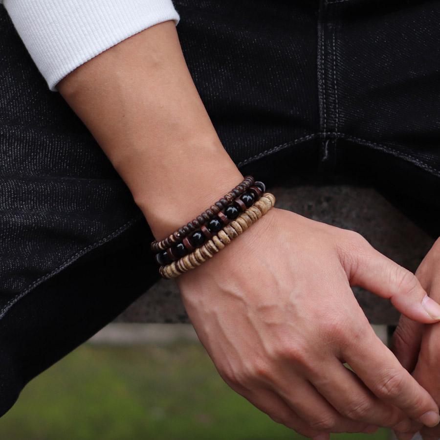 Vintage 3Pcs/Set Wooden Men Bracelet Natural Coconut Husk Turquoises Tiger Eyes Onyx Beads Braclet Jewelry Hombre Pulsera Joias