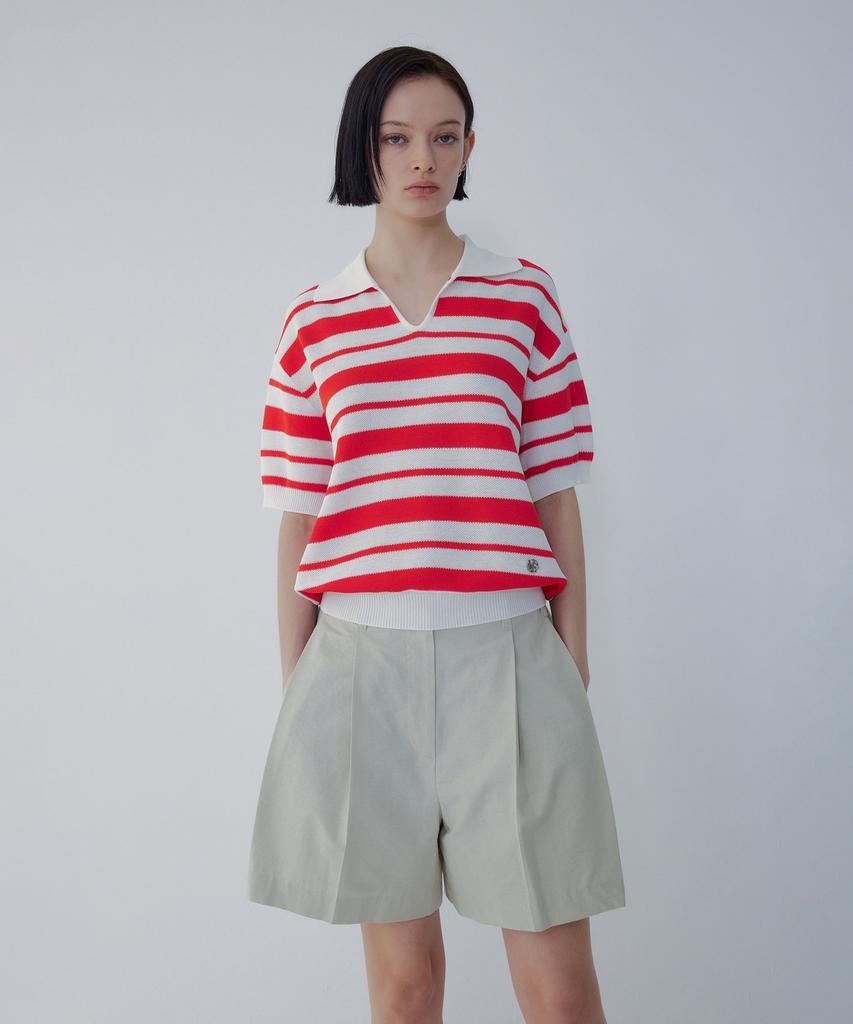 Bobeu Stripe Pattern Collared Neck Pullover_Red 7156250006
