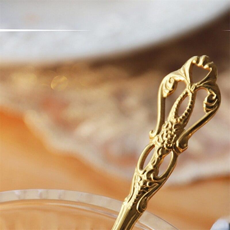 2 Stück Vintage Löffel Gabel Set Edelstahl für Kaffee Tee Snacks Obst Dessert Küchenwerkzeuge Teelöffel Kaffeezubehör Gold