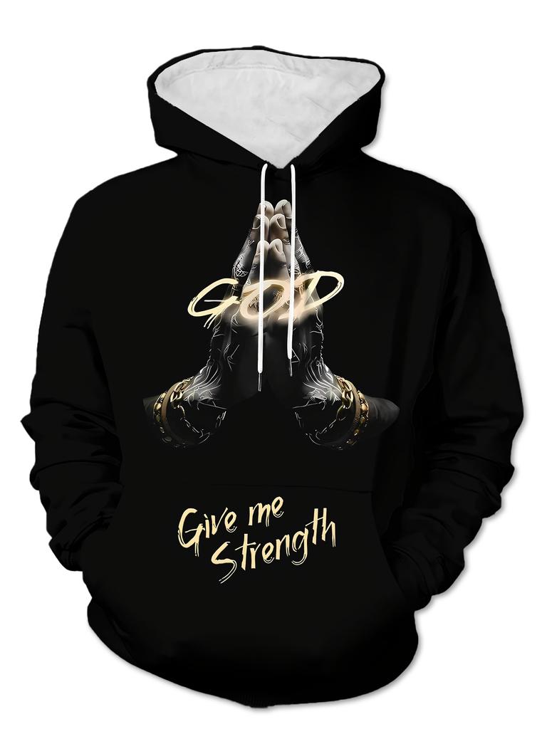 Men'S Casual Sports Fashion Trendy Fitness Outdoor Home Hooded Sweatshirt, Sweatshirt, Pray to GOD Pattern 3D Printing, Regular Fit, Elastic, with