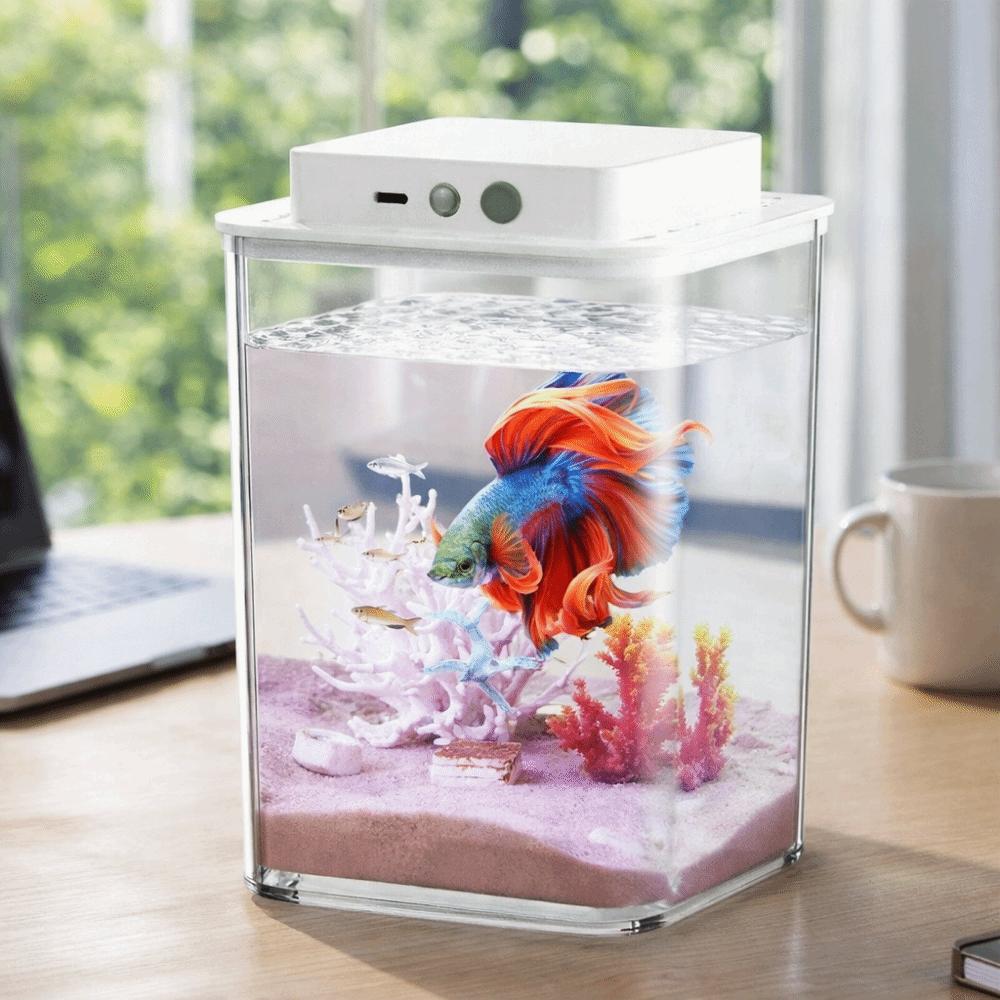 Transparent Betta Fish Tank USB Charging Intelligent Sensing Desktop Fish Bowl LED Light with Feeding Hole Figure Display Case