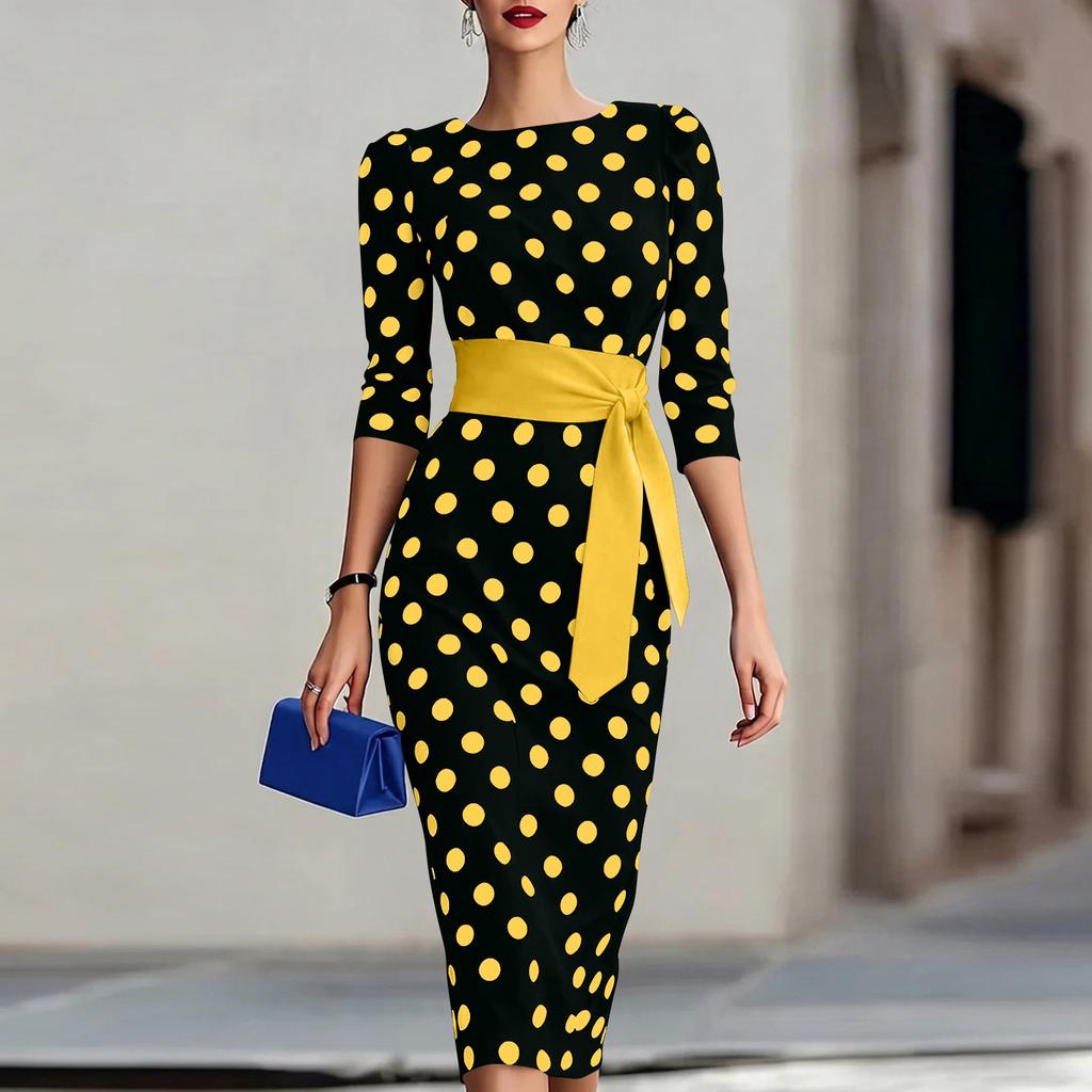 Damen Sommer Rundhals Gepunktetes Bodycon Kleid mit Taillengürtel Figurbetont Dreiviertel Ärmel Eleganter Stil für Büro Party