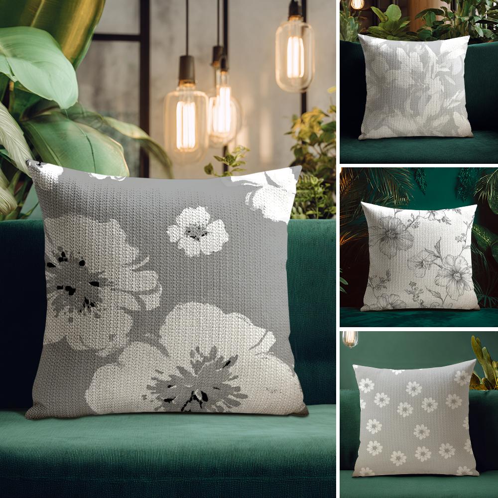 Gray White Flower Pattern Cushion Cover Natural Linen Pillow Case DoubleSided Print Decorative Sofa Pillowcase Home Decor Gift