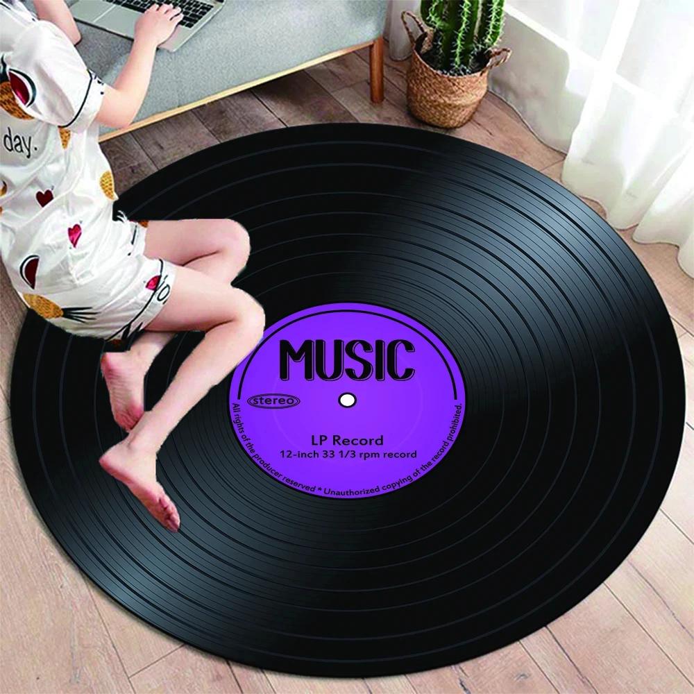 Runder Teppich mit klassischer Musik-Schallplatte, Teppiche für die Dekoration von Wohnzimmerstühlen, weiche, rutschfeste Bodenmatte zum Spielen für Kinder