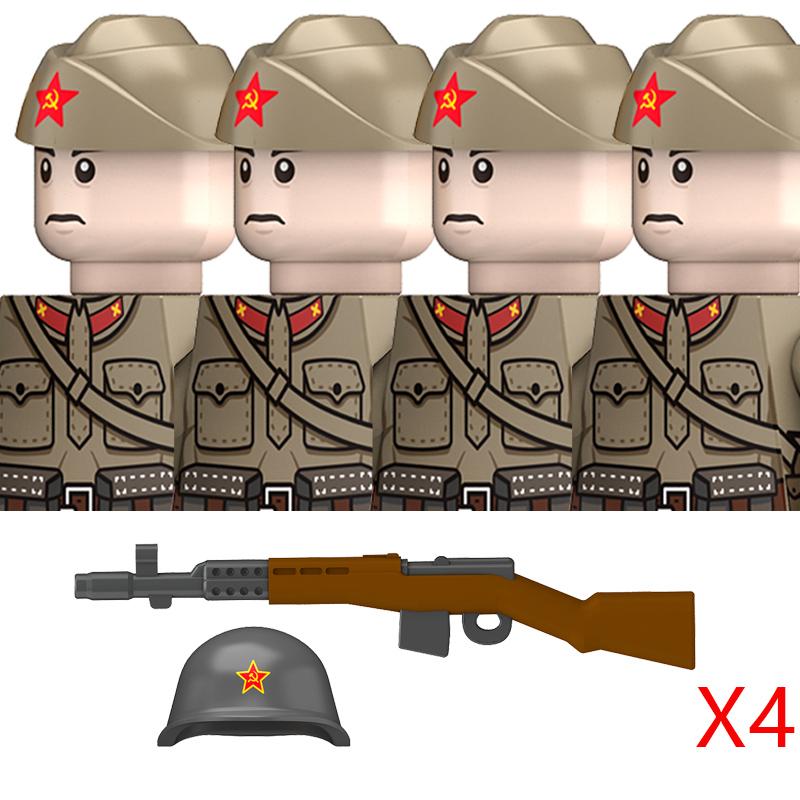 Non-Toxic Military Ww2 Soviet M35 Uniform Figures Building Blocks Russia Army Infantry Boat Hat Steel Helmet Pps Weapons Bricks Toys Kids